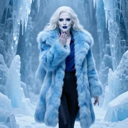 Full body Portrait of a female cryomancer, pale white skin, dark blue eyes, gorgeous lady, sky-blue thick fur coat, navy shirt, black leggins, beautiful sculptured face, dark blue lipstick, kissing smile, pillars of ice background, extremely detailed, by frank franzzeta, WLOP, Genzoman and gary gygax, trending on artstation, artstationHD, artstationHQ, deviantart, 16K, HD, matte painting, vibrant colors