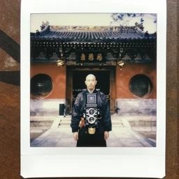 shaolin master looks like rasputin with his dragon at thr gate of the japanesse temple, polaroid, rolleiflex tlr