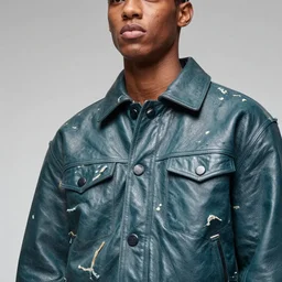 an award - winning closeup editorial photo of a male model wearing a teal distressed baggy medieval leather menswear jacket by alexander mcqueen, 4 k, studio lighting, wide angle lens