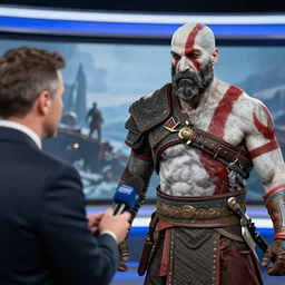 TV news interviewing Kratos from god of war