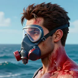 a portrait of a man :: side profile blood :: background sea :: intricate details :: oxygen mask :: 3d render ::  MARVEL comics and Sandra Chevrier
