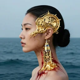 portrait of a chinese woman :: side profile :: blood :: background sea :: intricate details in gold :: clockwork oxygen implant :: 8k :: simon stalenhag and Sandra Chevrier
