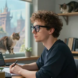 clean shaven brown curly haired man with thick black glasses, blue eyes, medium close up portrait, sitting at desk, looking out window, cat on shelf, studying, fantasy city outside window, adjacent window, greg rutkowski, lofi, profile view