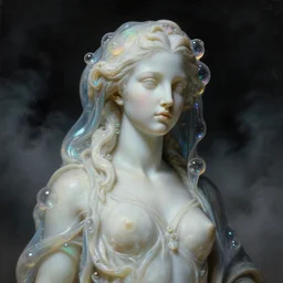 a baroque neoclassicist close - up portrait of a sci - fi marble statue of a beautiful modern alien girl cloaked with glowing bubbles. iridescent and reflective. foggy black background with dark puffy clouds. highly detailed science fiction painting by norman rockwell, frank frazetta, syd mead and moebius. rich colors, high contrast, gloomy atmosphere, dark background. trending on artstation.