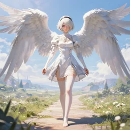 infinitely detailed concept art of angel elegantly clothed strolling through a peaceful path, artstation!! / pixiv!!! infinitely detailed, nier automata scenery art concept, dream magical, dream scenery art, dream lighting, full - body majestic angel vivid artwork