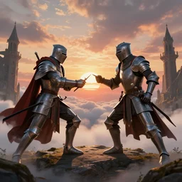 a legendary duel between the best knights from the strongest kingdoms on a plateau above the clouds, dramatic lighting, sunset, detailed, digital art