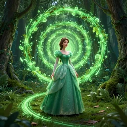 princess of the forest, glowing green spiral background, path traced, octane render, highly detailed, high quality, digital portrait by artgerm, hd, alphonse mucha, tom bagshaw and alena aenami