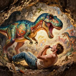cave painting of dinosaurs brutally biting a human,
