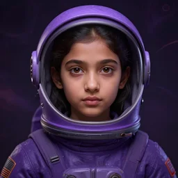 detailed portrait of a young indian girl, realistic character concept, identical eyes, gazing eyes, beautiful brown eyes medium shot, elegant pose, in a purple astronaut helmet, fantasy, illustration, slender very symmetrical face and body, artstation, cinematic lighting, hyperdetailed, cgsociety, 8 k, high resolution, tom richmond, single face, insanely detailed and intricate, octane render, golden ratio, dark fractal background, vfx, postprocessing