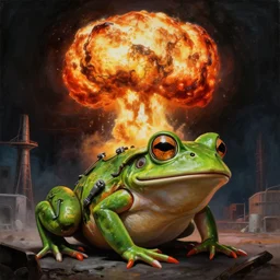 a photorealistic highly detailed painting of a y 2 k 1 9 8 0's frog nuclear bomb explosion by johfra bosschart, lisa frank, kinkade, visionary art, dark fantasy art, high detail, trending on artstation