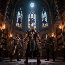 Dark majestic ornate great hall, grand library, barogue, torches, stained glass windows, mortal kombat arena, moonlight rays, Darek Zabrocki, Karlkka, trending on Artstation, 8K