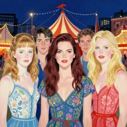 summer night, city circus carnival, portrait of mix of beautiful young maria shriver, mariel hemmingway, brooke shields, nicole kidman and elle macpherson, very coherent and colorful high contrast art, art by simon stalenhag, james gilleard, floralpunk screen printing woodblock, pastel color, hard lightings