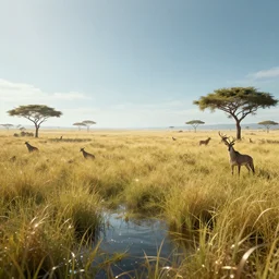 distant cyberpunk wildlife on the african plains, long grass, sparkling water, glistening, hyper realistic, hyper detailed, digital art, trending in artstation, cinematic lighting, studio quality, smooth render, unreal engine 5 rendered, octane rendered
