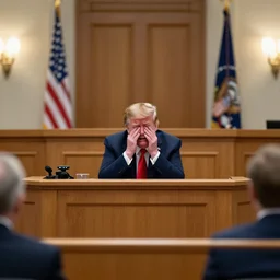 Donald Trump crying in a courtroom, EOS-1D, f/1.4, ISO 200, 1/160s, 8K, RAW, unedited, symmetrical balance, in-frame
