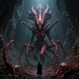 by oka yasutomo and anna dittmann, visually stunning, cinematic, ultra realistic, hyper realism, 1 2 k, epic, octane render, unreal engine, vfx, maya, the mind flayer, ultra complex world in a box in the dark, liminal space, devotion to the scarlet woman, 🦀👁 stranger in a strange place 👁🦀