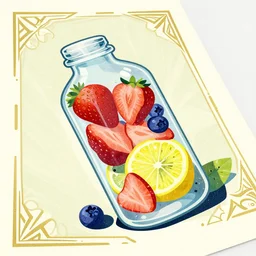 ( ( dither ) ), editorial illustration strawberries blueberries sliced kiwi sliced lemon inside a clear drinking bottle, isometric, modern art deco, ( ( mads berg ) ), christopher balaskas, dynamic composition, wide angle, matte print, art nouveau, unreal engine