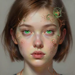 generative art beautiful young woman, green eyes, short brown hair, thin copper wires, ( ( ( fractals ) ) ) digital painting, extremely detailed, 4 k, intricate, brush strokes, janusz jurek! artgerm, peter mohrbacher