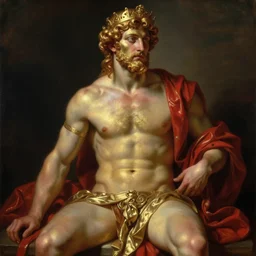 greek god, muscular, red and gold, detailed face, thighs, painting by Gaston Bussiere, Craig Mullins