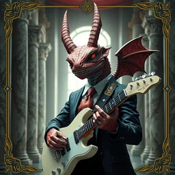 giesha lizard demon wearing a suit + holding a guitar and samurai sword, innovative avant - garde art, deco fashion, photorealistic portrait, crisp quality and light reflections, inside a room with marble columns, transcendent, vibrant color, clean linework, finely detailed, tarot card with ornate border frame, 4 k, trending on artstation, volumetric lighting, octane render, hyper detailed,