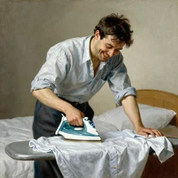 painting of a man ironing his collar shirt placed on a bed. smiling. happy. cheerful. art by william adolphe bouguereau. extremely detailed. beautiful. 8 k. award winning.