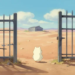 cute, desert morning, prison far away, broken metal fence, gouache matte painting by pixar studio frazetta makoto shinkai