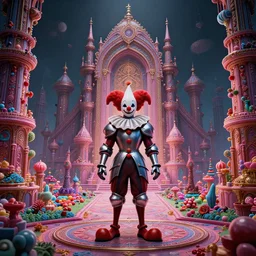 clown character knight, infinite final fantasy candyland landscape fall god temple, moody : : wes anderson, roger dean, sophie anderson, esao andrews : : ornate, dynamic, particulate, intricate, elegant, highly detailed, centered, artstation, smooth, sharp focus, octane render, 3 d