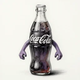 charcoal drawing of the coke logo personified as a soda themed girl in the style of the lavender towne, large creepy eyes, extremely detailed and colorful eyes, digital art, deviant art, soda themed girl, hyper detailed eyes, money sign pupils, tim burton, scratchy lines, junji ito, gorrilaz, her forehead has the coke logo carved into it