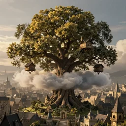 an oversized oak tree as high as the clouds is standing in the middle of a sprawling medieval city. many miniature treehouses are on the tree branches. golden hour. detailed matte painting by stephan martiniere, mysterious moody fantasy art, enchanting. concept art, trending on artstation