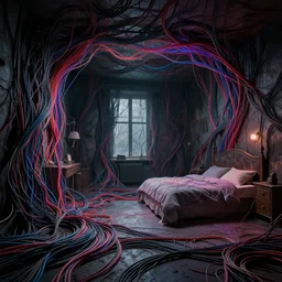 rgb wires, empty room, cinematic, movie scene, inspired by zdzislaw beksinski, veins,, cables everywhere, bedroom, ultra realistic, concept art, intricate details, highly detailed, photorealistic, octane render, 8 k