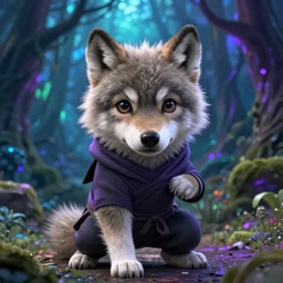 Handsome Adorable cute wolf pup as a ninja, in a spooky forest blue purple green, dnd character, background focus, fantasy, magic, realistic textured, furry, fun pose, big eyes, clear clean,concept art, cinematic, sharp focus, fantastic lighting, establishing shot, sense of awe, by lya kushinov, Avetetsuya Studios, Alexandra Fomina artstation, by Makoto Shinkai, digital 2D, matte painting