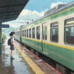 the train by the platform, the movie the garden of words by makoto shinkai, light rain, a little bright, moist, 8 k, unreal engine