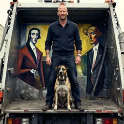 portrait of jason statham pet detective standing atop a garbage truck giorgio de chirico mark rothko lucian freud greg rutkowski