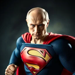 vladimir putin as superman, realistic, cinematic, action pose, dynamic lighting, depth of field, kryptonite background