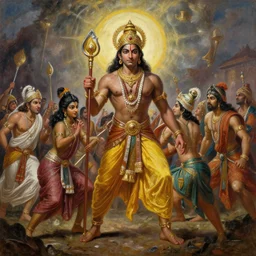 An epic dramatic scene from Ramayan , by Bruce Pennington, by Wayne Barlowe, by Greg Rutkowski, oil on canvas, masterpiece, detailed, dynamic, cinematic composition, beautiful lighting, view from ground, trending on artstation, top on pixiv, 8K, no frames,
