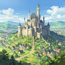 fantasy anime landscape, castle, populated, digital art