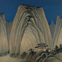 a beautiful painting of a huge mountain, with a chinese pavilion on the of steep cliff, night, starry sky, high details, by xun ren and liang sicheng, trending on artstation
