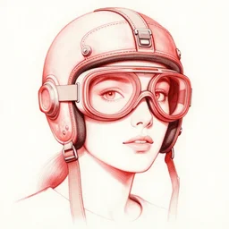 woman wearing aviator helmet and googles, drawn by jean giraud and moebius, red