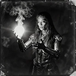 noisy intricate wearied off platinotype distresses vintage bw photo of a cyberpunk cyborg shaman doing magic, smoke, light orb floating