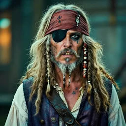 photo of an old and very skinny pirate from 18 century, olive skin, long dreads white hair and medium white beard with face tattoos and crooked teeth, wearing an eyepatch and a headband, cinematic lighting, sigma lens, 70mm bokeh, flickr, teal and orange color graded