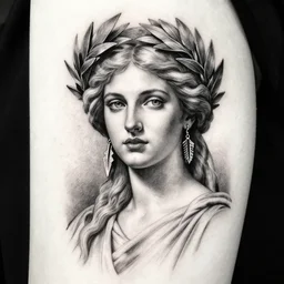 realism tattoo sketch of a beautiful greek goddess aphrodite wearing a laurel wreath and arrowhead earrings, in the style of greg rutkowski, amazing detail
