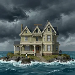 victorian house in the ocean, stormy, illustration by ross tran, magali villeneuve, and jeremy mann.