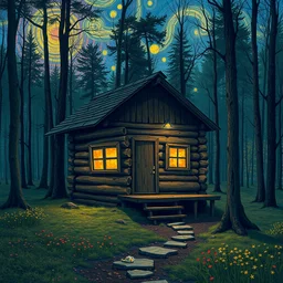 [ a log cabin in the forest ] [ van gogh ] [ cyberpunk ]