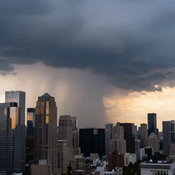 a photo of a supercell thunderstorm in a city, cityscape, skyscrapers, illuminated from various angles by the setting sun, cinematic