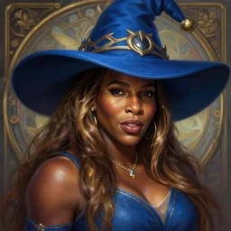 mindblowing portrait of serena williams as a wizard, blue wizard hat, deep focus, d & d, fantasy, intricate, elegant, highly detailed, digital painting, artstation, concept art, matte, sharp, illustration, hearthstone, art by artgerm and greg rutkowski and alphonse mucha