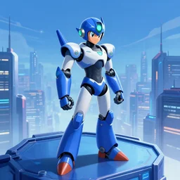 megaman x still robotic man look at the cityscape from roof blue futuristic sci - fi elegant by denis villeneuve tom anders zorn hans dragan bibin thoma greg rutkowski ismail inceoglu illustrated sand storm alphonse mucha