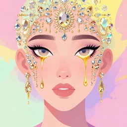 beautiful face, made of jewels, golden tears, dramatic lighting, maximalist pastel color palette, splatter paint, pixar and disney concept, graphic novel by fiona staples and dustin nguyen, peter elson alan bean wangechi mutu, clean cel shaded vector art, on artstation