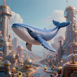 3d printed action figure of an alien whale flying over a steampunk city, 3d scene, render, ultra realistic, zenith view, Greg Rutkowski, artstation, cgsociety, level design, unreal engine