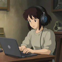 rendered ilustration of a japanese anime traditional lo - fi girl in her room wearing headphones and working in her laptop loop, moody neutral hipster tones, joy gaze, cel - shaded, classical animation, cinematic, edge - to - edge print, rendered by studio ghibli, artgerm, alyssa monks, andreas rocha, david kassan, neil blevins