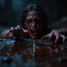 “ a body horror agony shown in the reflection of a drop of water, dramatic lighting, incredible quality, bokeh ”