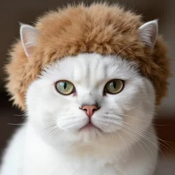 white cat with fluffy ginger hat, photorealistic portrait, ultra quality, high detailed, zoom, leica 8 5 mm 1. 2 f